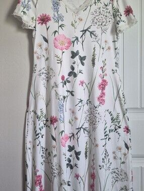 White Floral Dress with Pink & Green Print